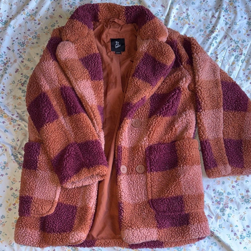 Girl’s Art Class Pink and Purple Checkered Fuzzy Trench Coat
